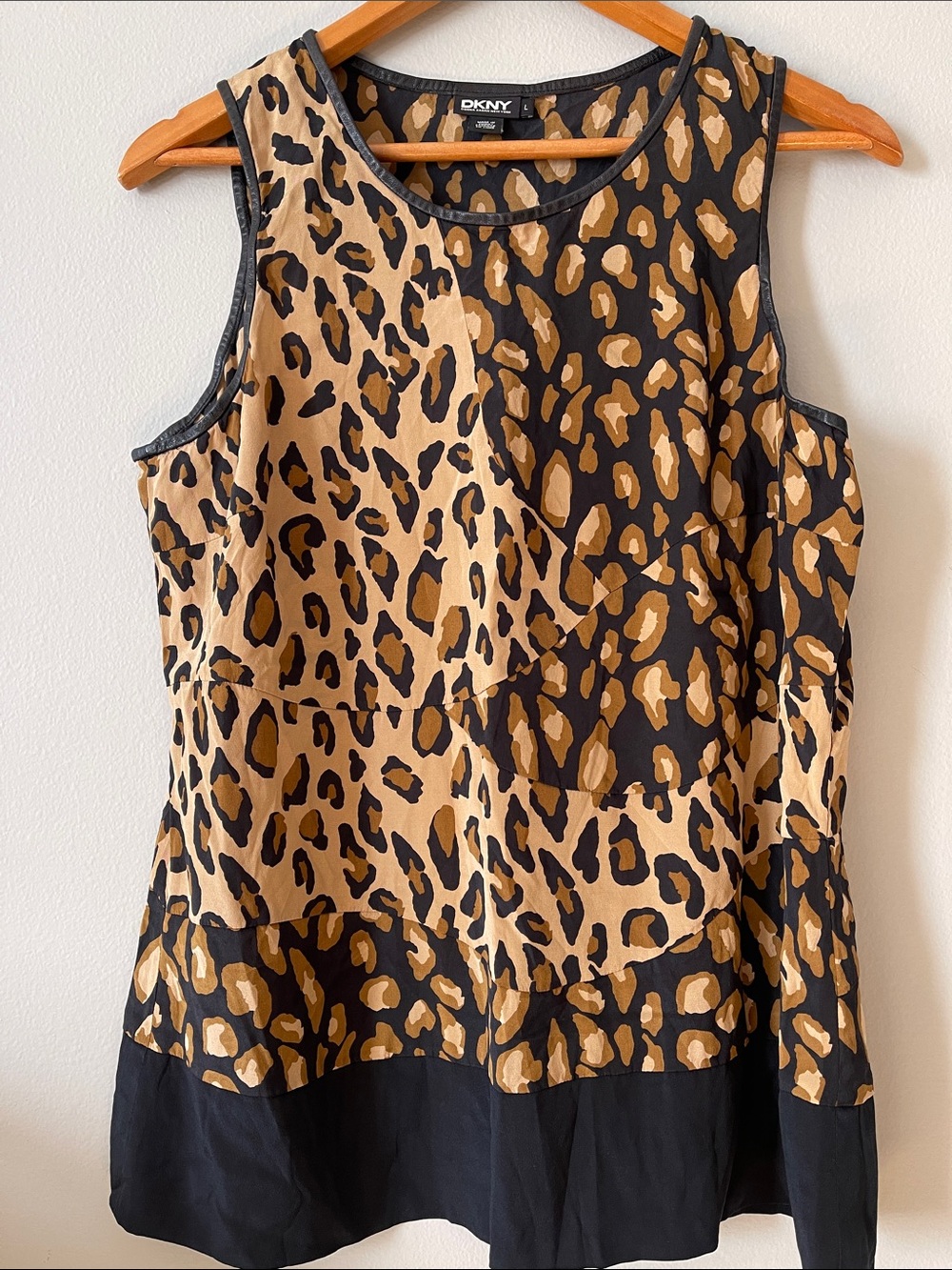 DKNY Y2K SILK and Leather Black and Tan Leopard Print Sleeveless Tank
